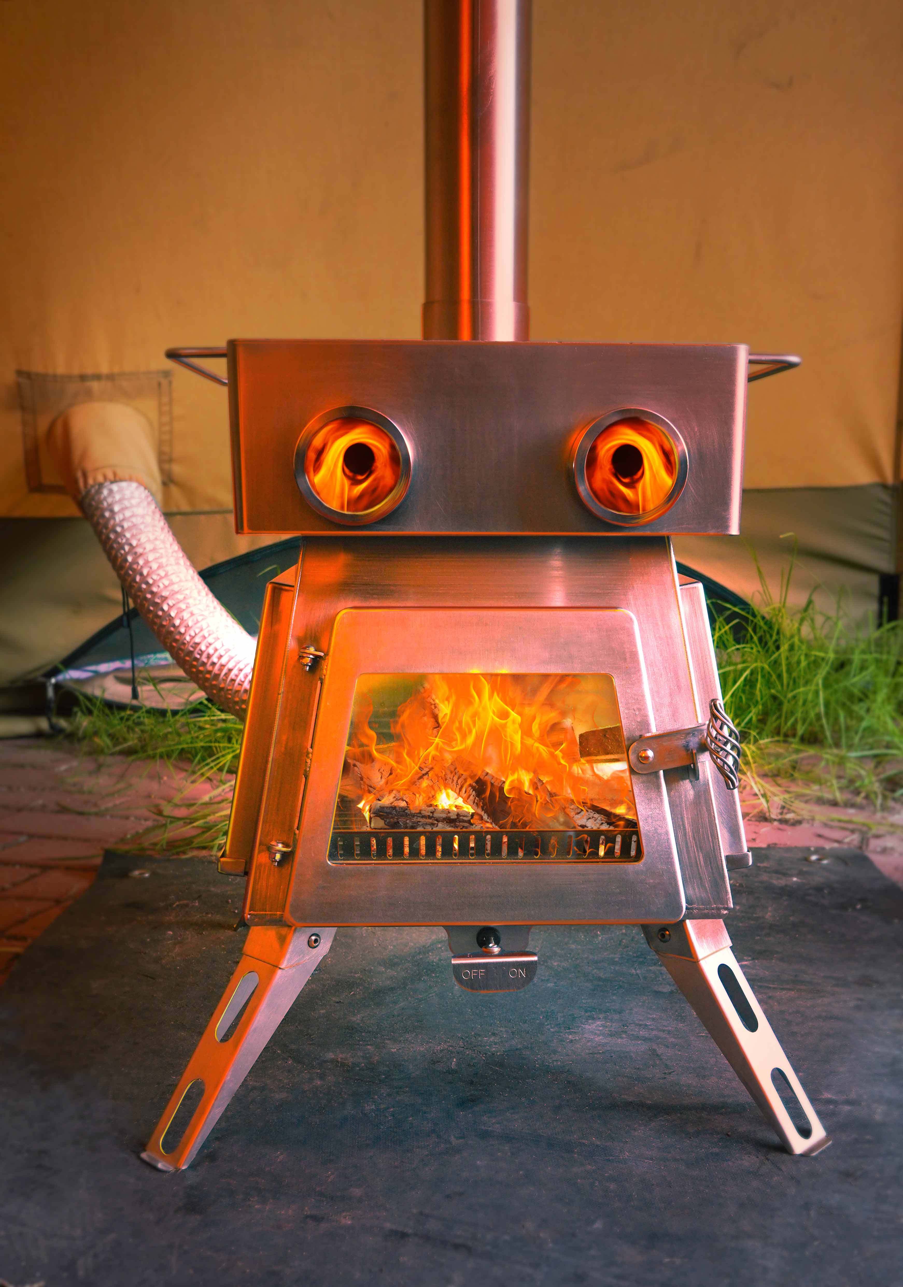 Marsfire hot tent stove installed inside winter camping shelter