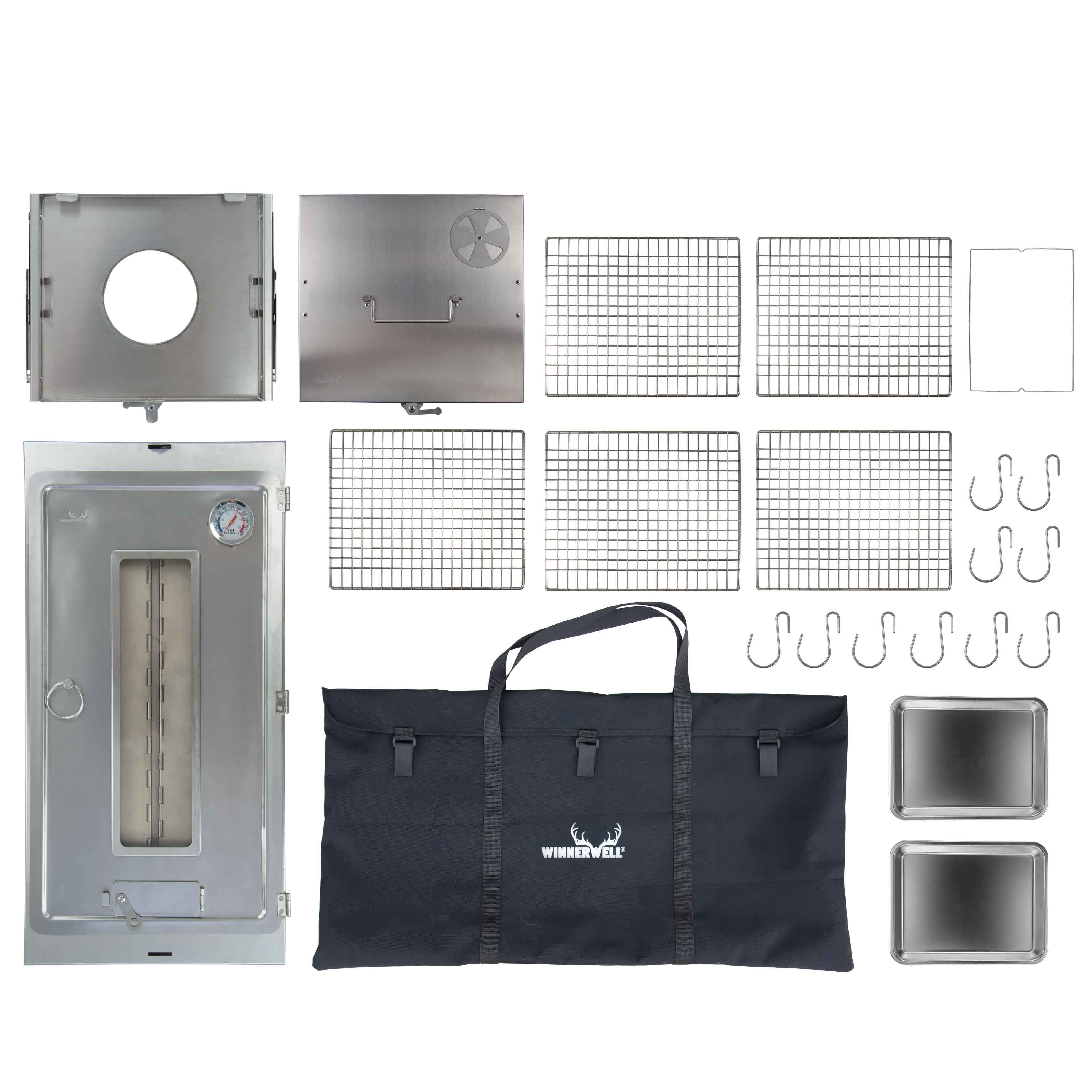 Winnerwell® Fastfold Smoker Large accessories kit—includes the smoker body, foldable stands, storage bag, and other components. All parts are made of stainless steel, showcasing the complete set for easy assembly and portable outdoor smoking. Perfect for users needing a ready - to - use large smoker solution.