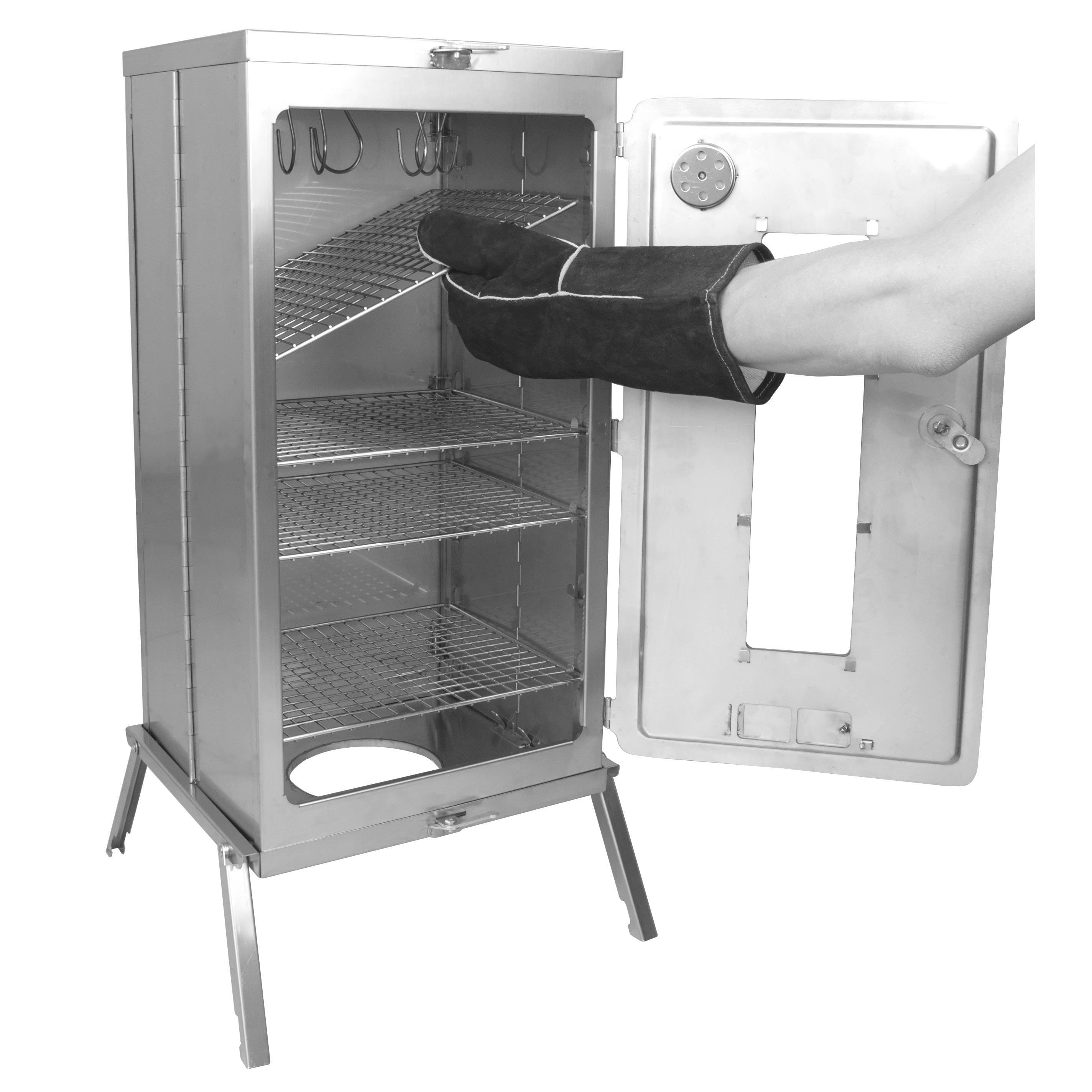 Interior detail of Winnerwell® Fastfold Smoker Large—reveals the smoking chamber with racks, designed for efficient smoke circulation and even cooking. The transparent door allows easy monitoring, and the stainless steel construction ensures durability. Ideal for smoking enthusiasts seeking a high - performance large smoker.