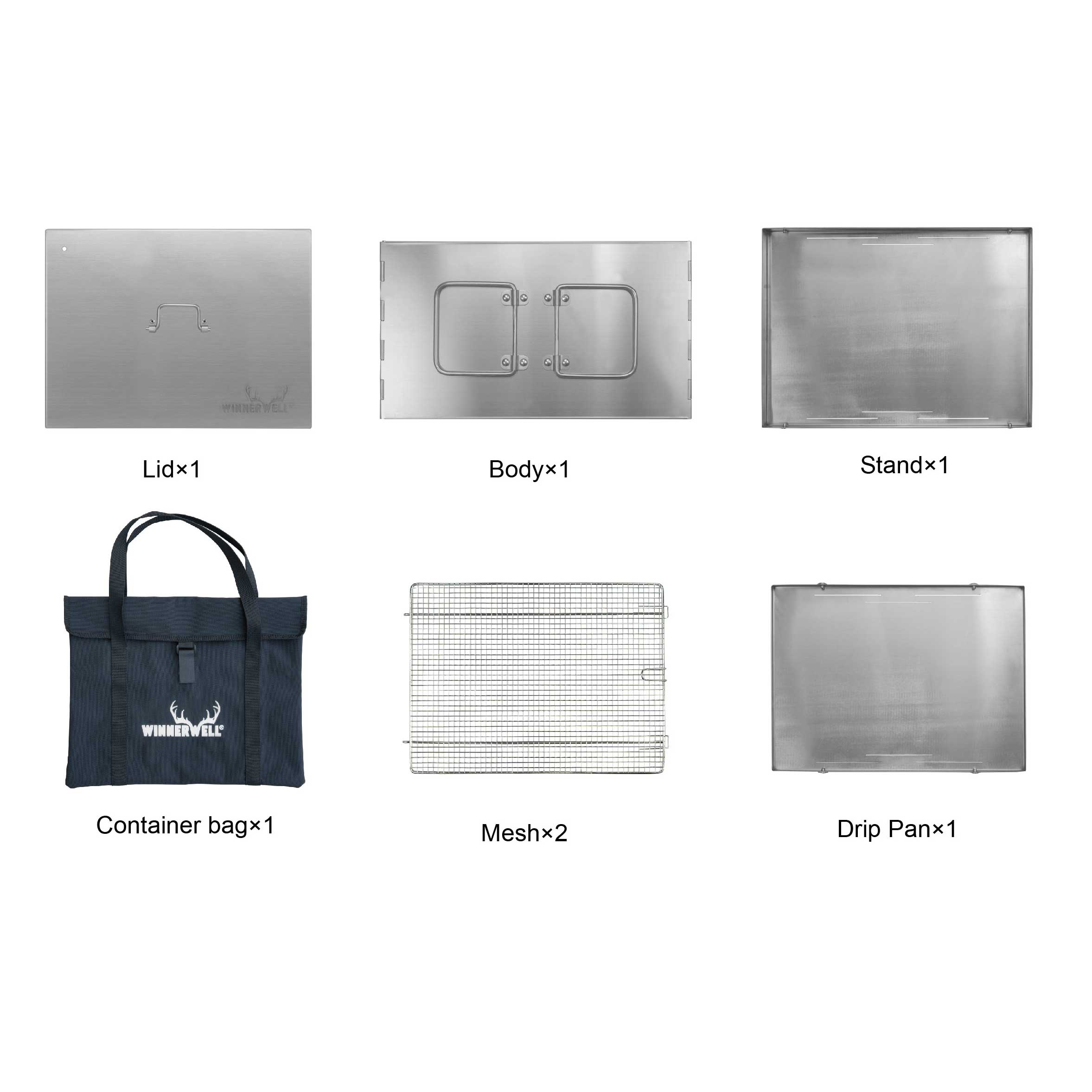 Winnerwell® Flat Smoker complete accessories set, including Lid×1, Body×1, Stand×1, Container bag×1, Mesh×2, Drip Pan×1. All parts are made of durable stainless steel, designed for easy assembly and portable outdoor smoking and cooking. Ideal for camping, hiking, and off - grid adventures, providing a complete solution for setting up the flat smoker.