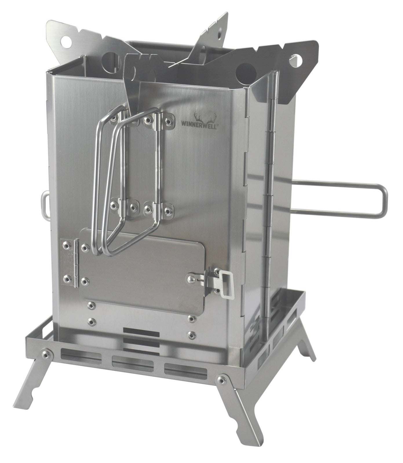 Winnerwell® Mini Multi - functional BBQ Smoker, showcasing its foldable design and stainless - steel construction. Features include a compact, portable structure with foldable parts for easy storage and transport, ideal for outdoor cooking, smoking, and grilling during camping, picnics, or backyard use. Made of durable AISI 304 stainless steel for long - lasting performance in outdoor environments.