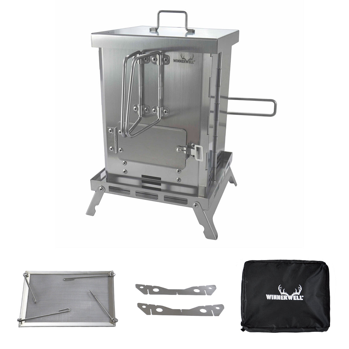 Winnerwell® Mini Multi - functional BBQ Smoker full kit, including the foldable smoker body, accessories like grill nets and storage bag. Ideal for portable outdoor cooking, smoking, and grilling—perfect for camping, picnics, and backyard adventures. Made of durable AISI 304 stainless steel for long - lasting use.
