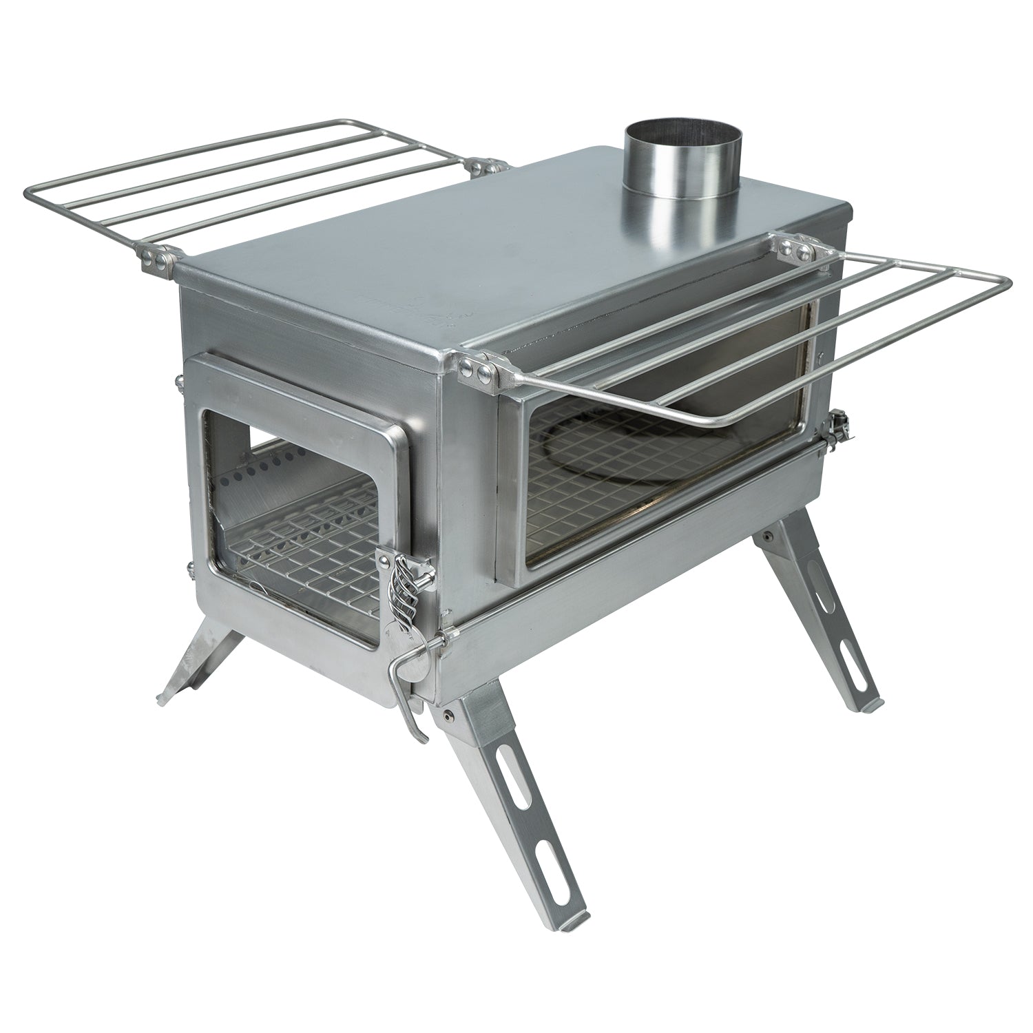 Detailed shot of the high - quality stainless - steel body of the Winnerwell® Nomad PLUS Double View tent stove, showcasing its durable construction.