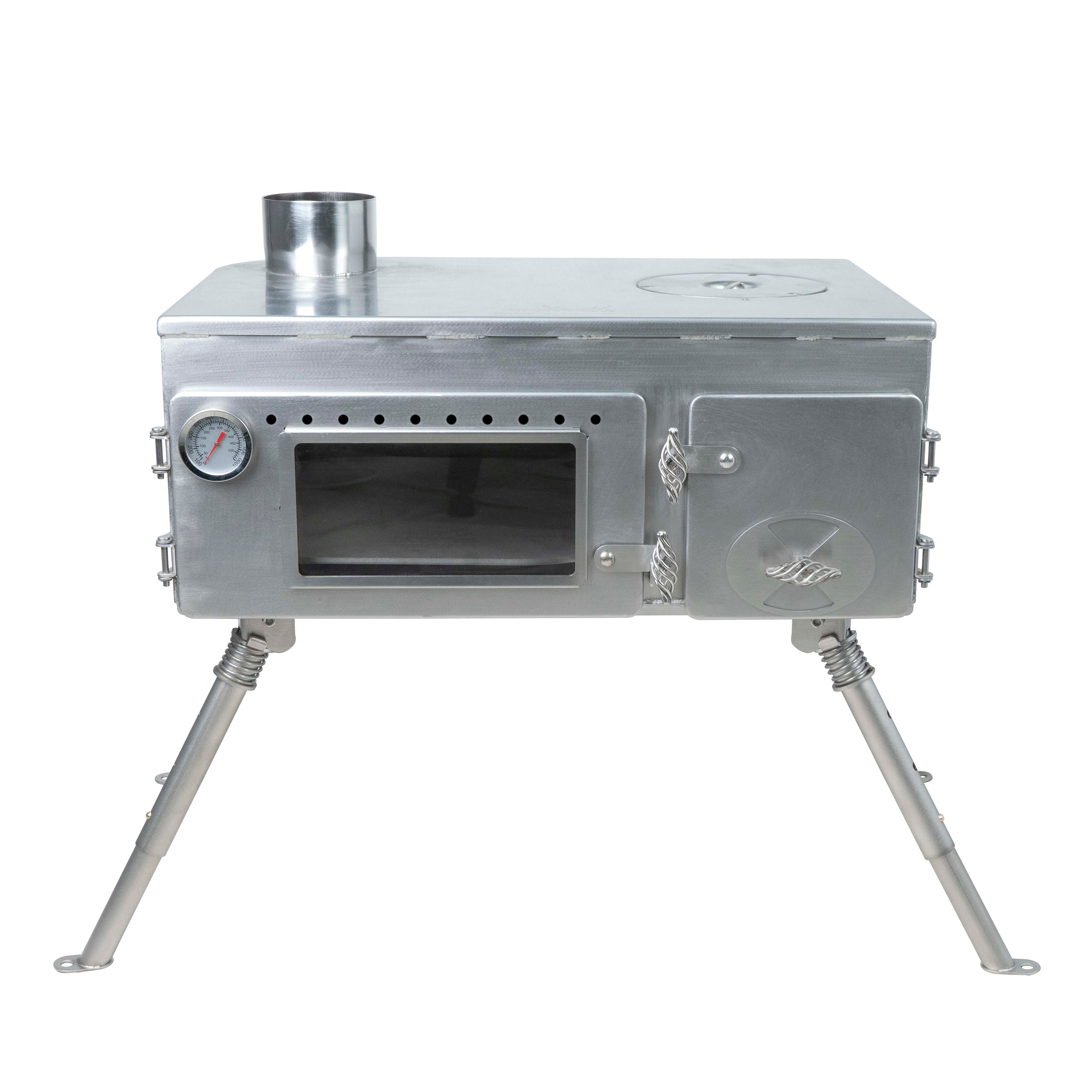 Winnerwell® Woodlander Wood Burning Pizza Oven Camping Stove—dual - chamber design revealed. Features a dedicated pizza baking area with a stone and a separate pizza peel, all crafted from 304 stainless steel. Ideal for making wood - fired pizzas and multi - dish meals while camping.