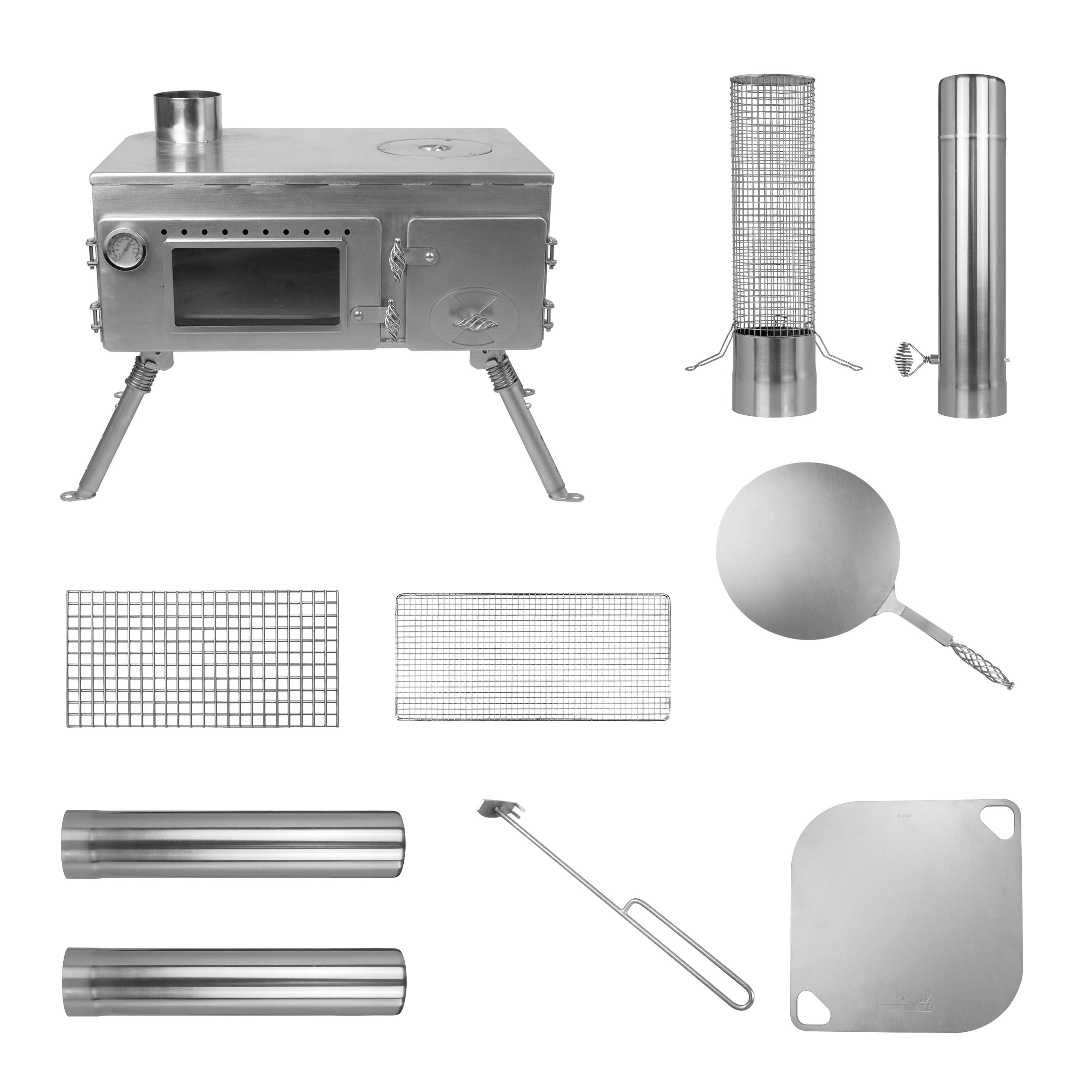 Winnerwell® Woodlander Wood Burning Pizza Oven Camping Stove full kit—includes stainless steel stove body, chimney, pizza stone, and pizza peel. Perfect for portable outdoor pizza baking and camping meals.