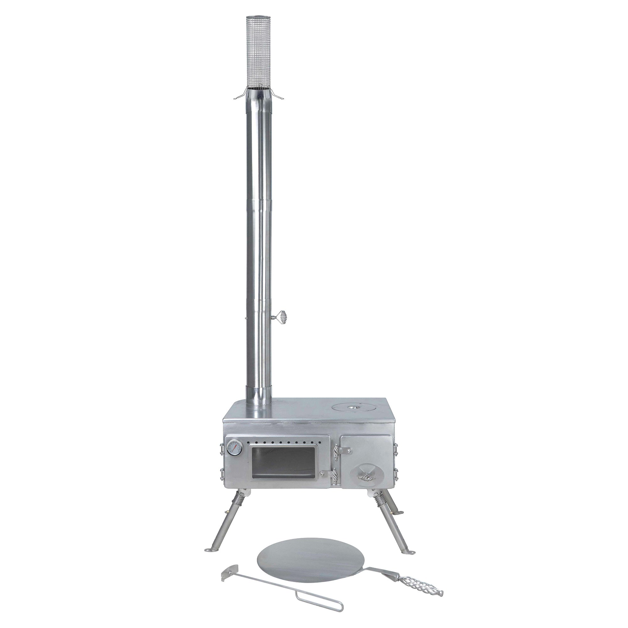 Close-up of Winnerwell® Woodlander Pizza Oven Stove’s stainless steel body—304 stainless steel construction ensures durability, rust resistance, and long-lasting performance for outdoor cooking adventures.