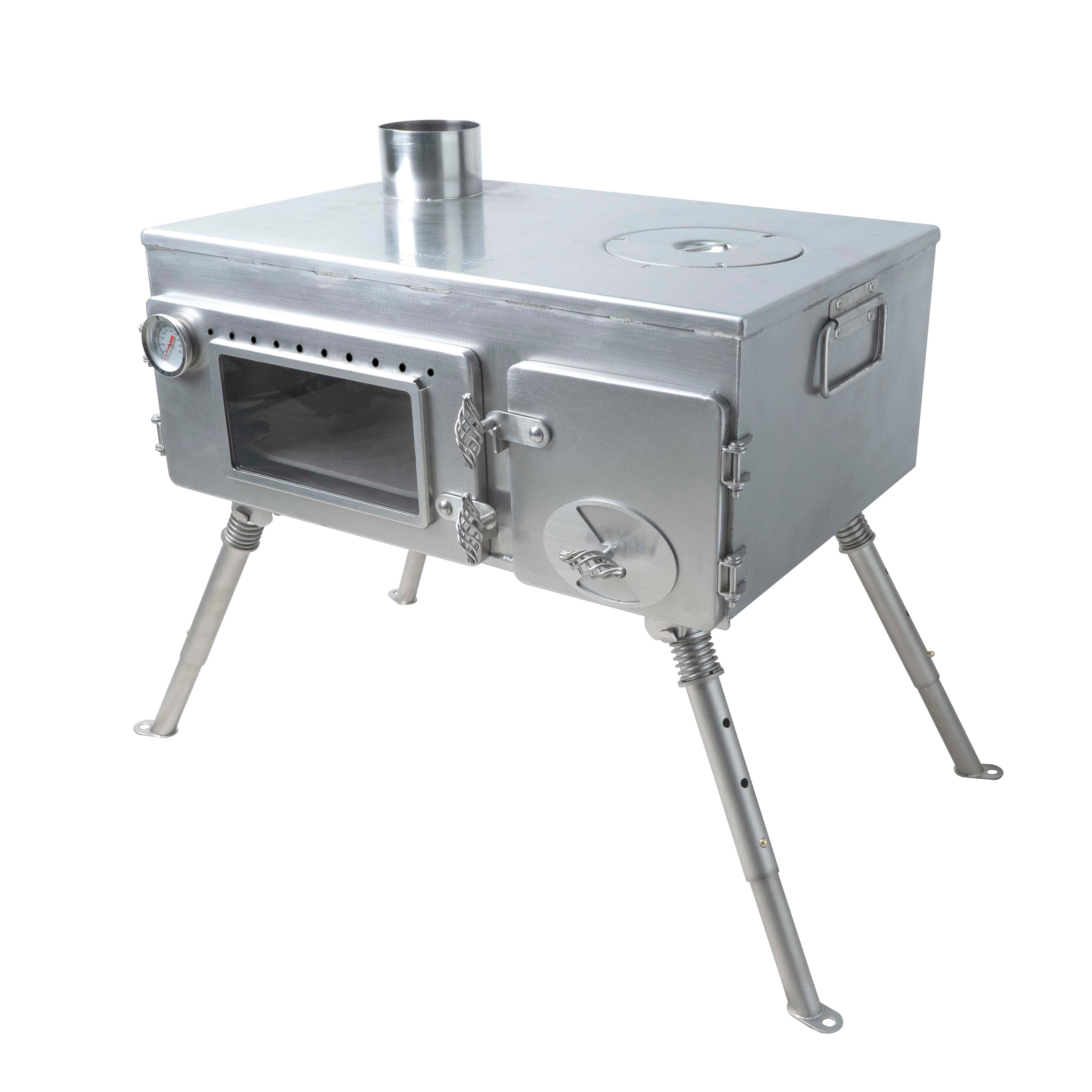 Close-up of Winnerwell® Woodlander Pizza Oven Stove’s stainless steel body—304 stainless steel construction ensures durability, rust resistance, and long-lasting performance for outdoor cooking adventures.