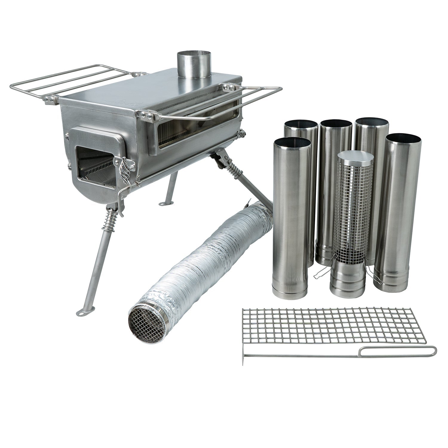 The Winnerwell® Woodlander PLUS stove shown with its accompanying accessories, including the spark arrestor , the ash scraper, and the grate. These accessories, all made with high - quality materials, are essential for the proper and safe operation of the stove, and the image shows how they work in harmony with the main stove unit.