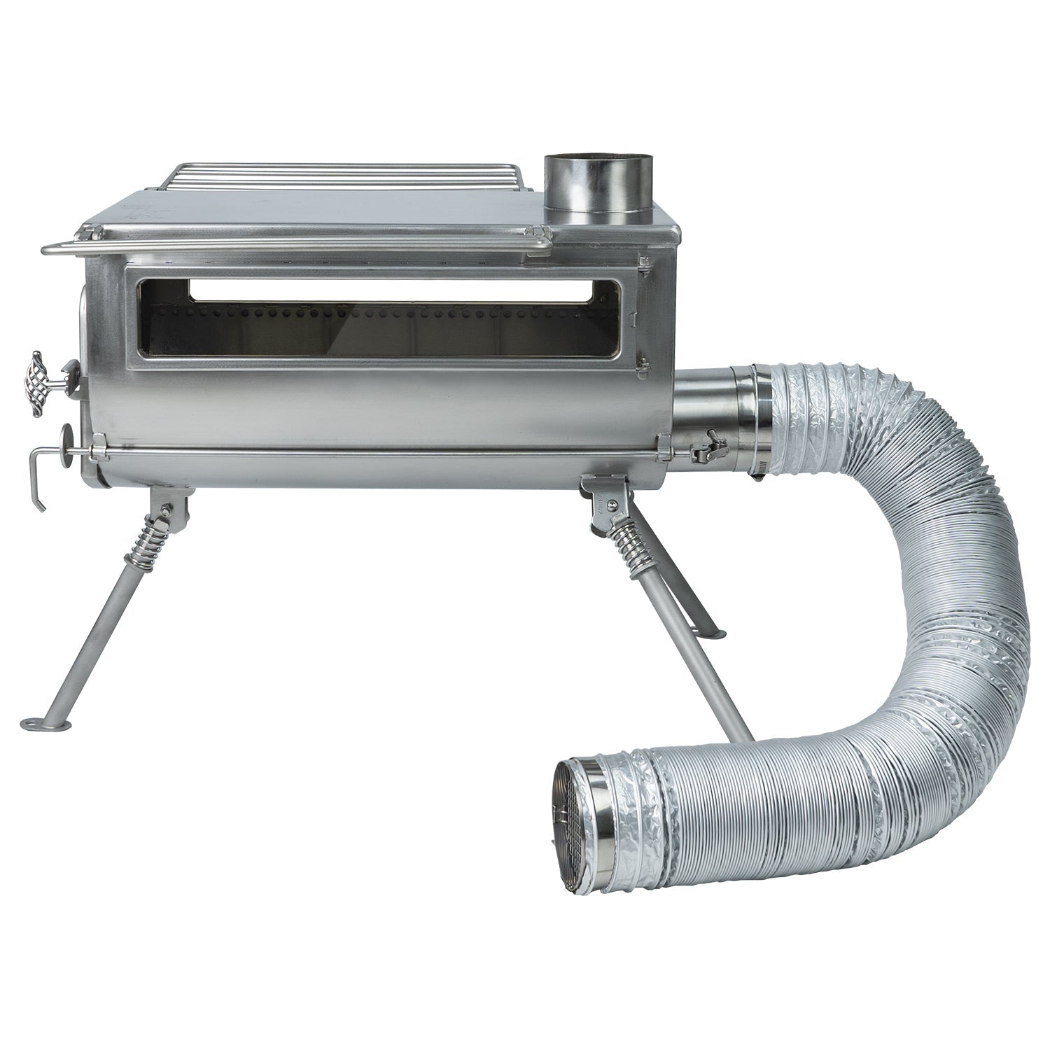 Winnerwell® Woodlander PLUS External Air hose connected to tent stove, highlighting the external air intake system design for efficient wood combustion and reduced interior oxygen use.