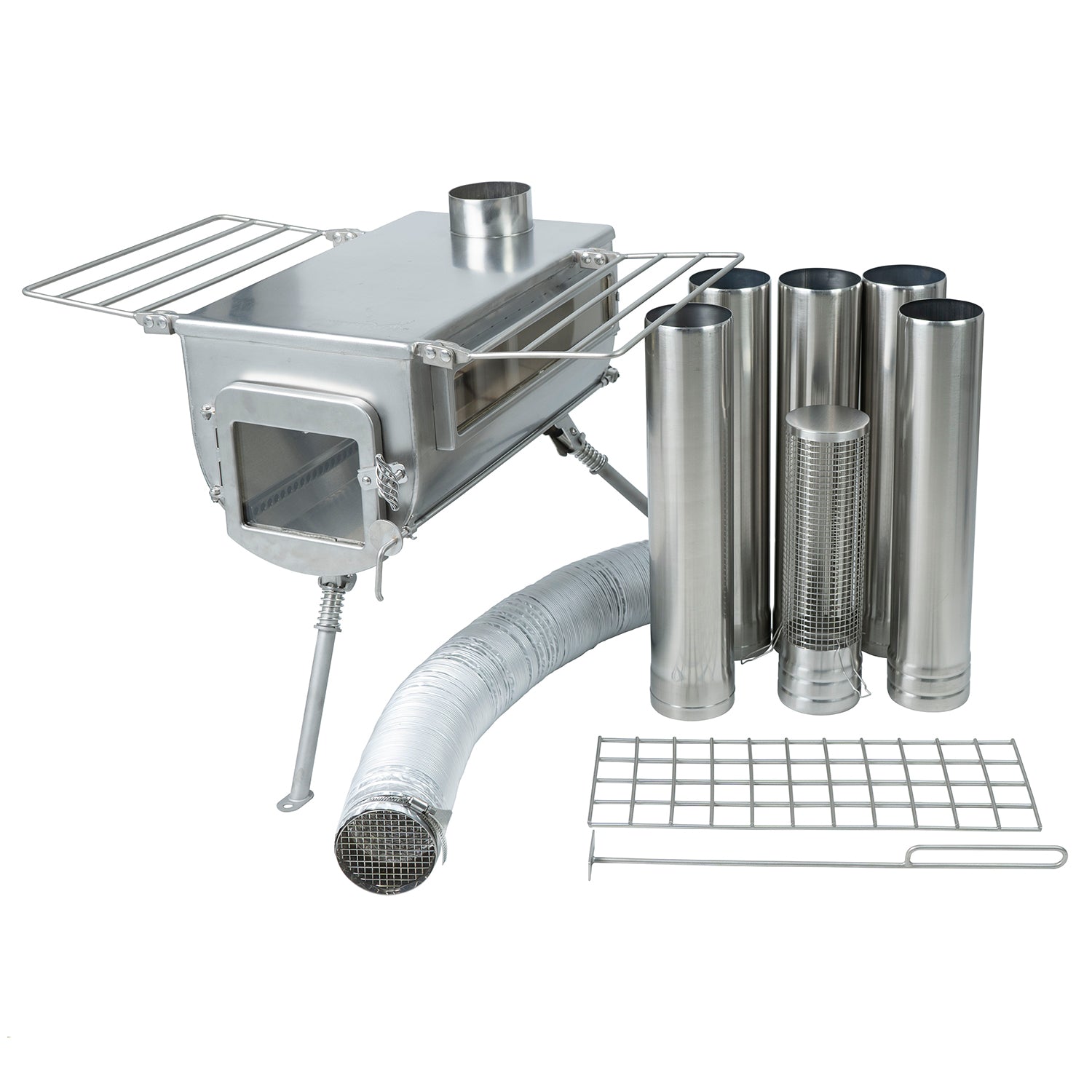 Winnerwell® Woodlander PLUS Double View Tent Stove full kit with chimney pipes, showing stainless steel body, dual viewing windows, and external air system components for wood-burning heating in camping tents.