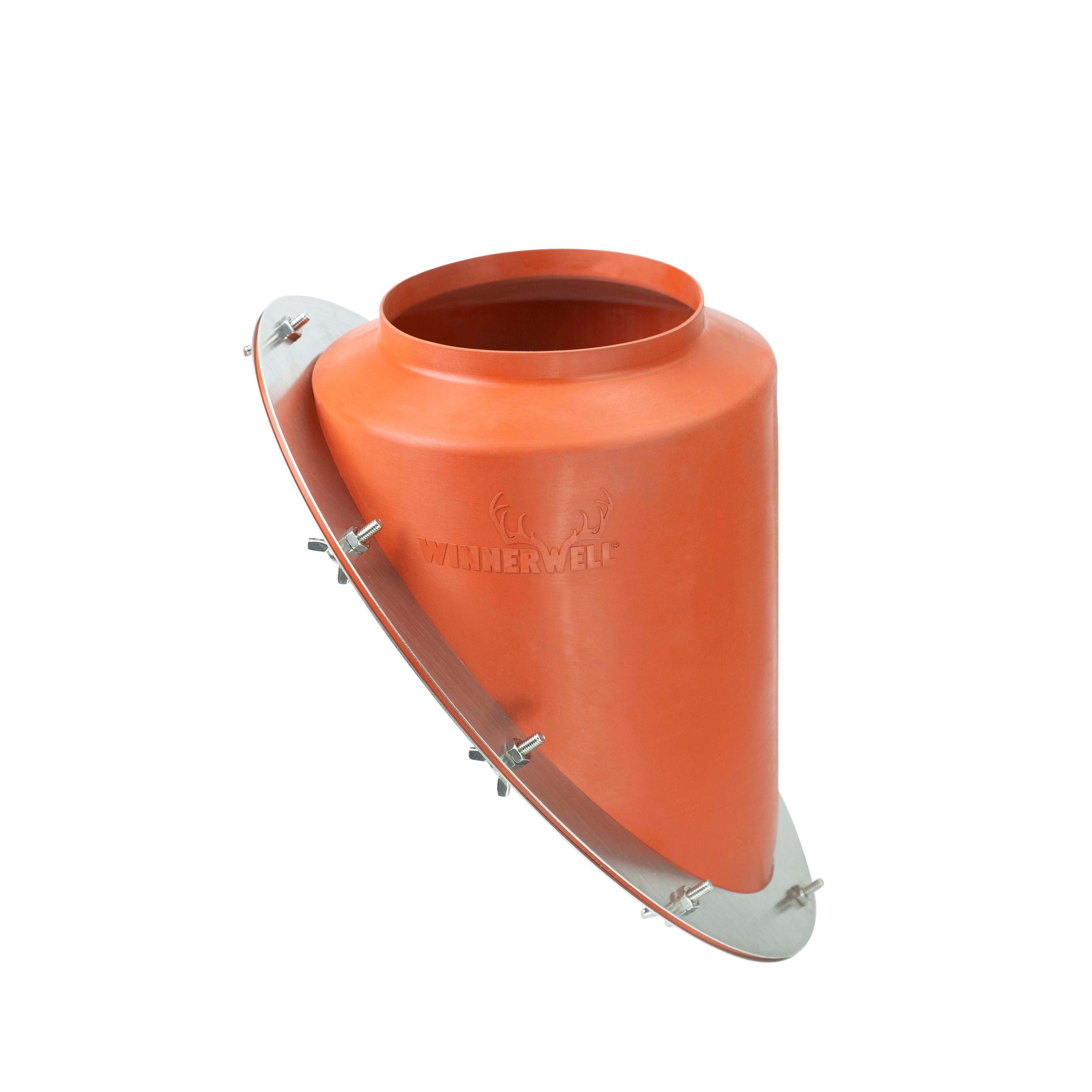 Winnerwell® Angled Flashing Kit compatible with SKU 910446 / SKU 910507, showcasing its orange, angled, and cone - shaped design with metal attachments, designed for proper sealing and fitting in stove pipe installations.