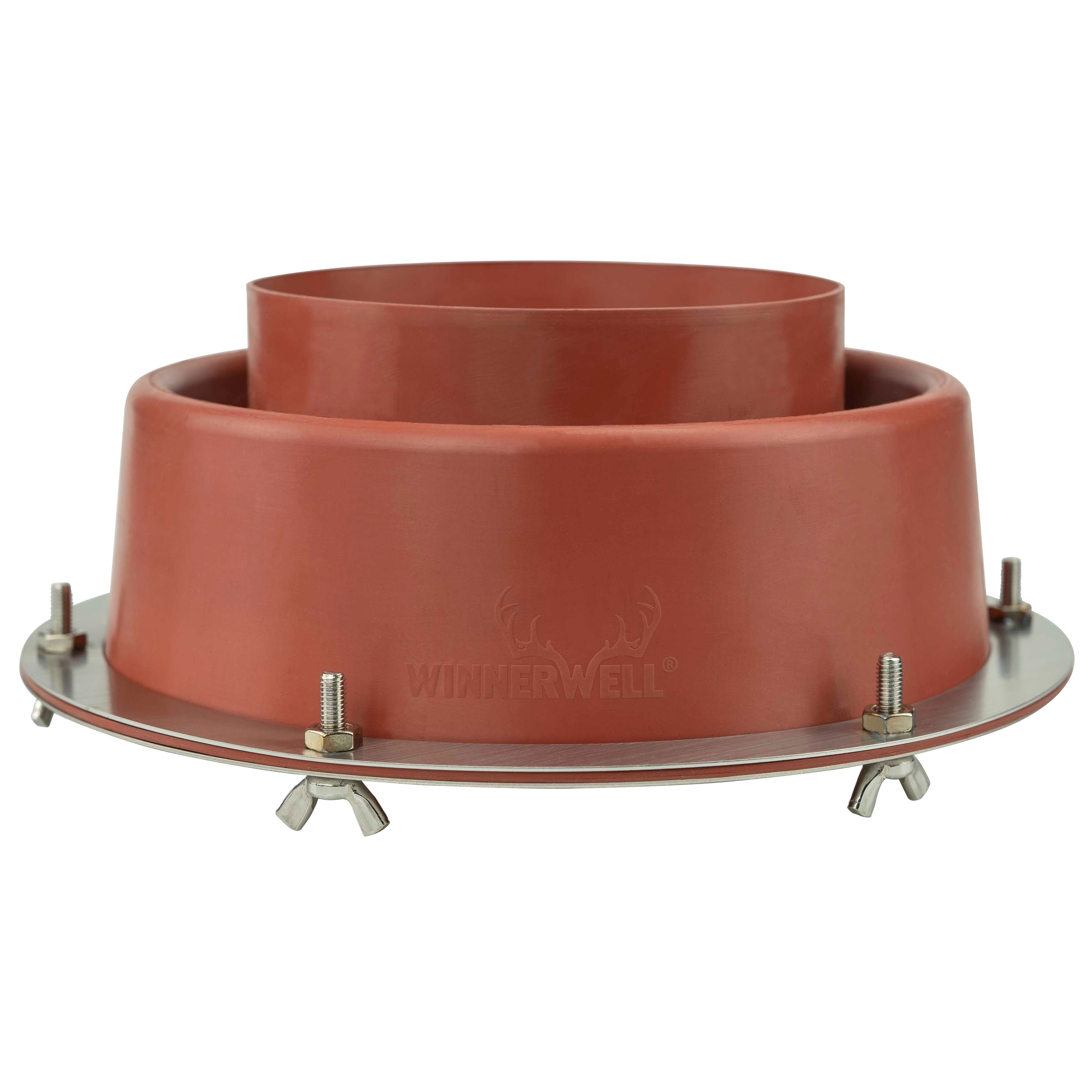 Winnerwell® Flashing Kit Large, compatible with SKU 910446 / SKU 910507. Showcases its large, red, multi - layered, and circular design with metal clamps, designed for sealing larger stove pipes in outdoor setups.