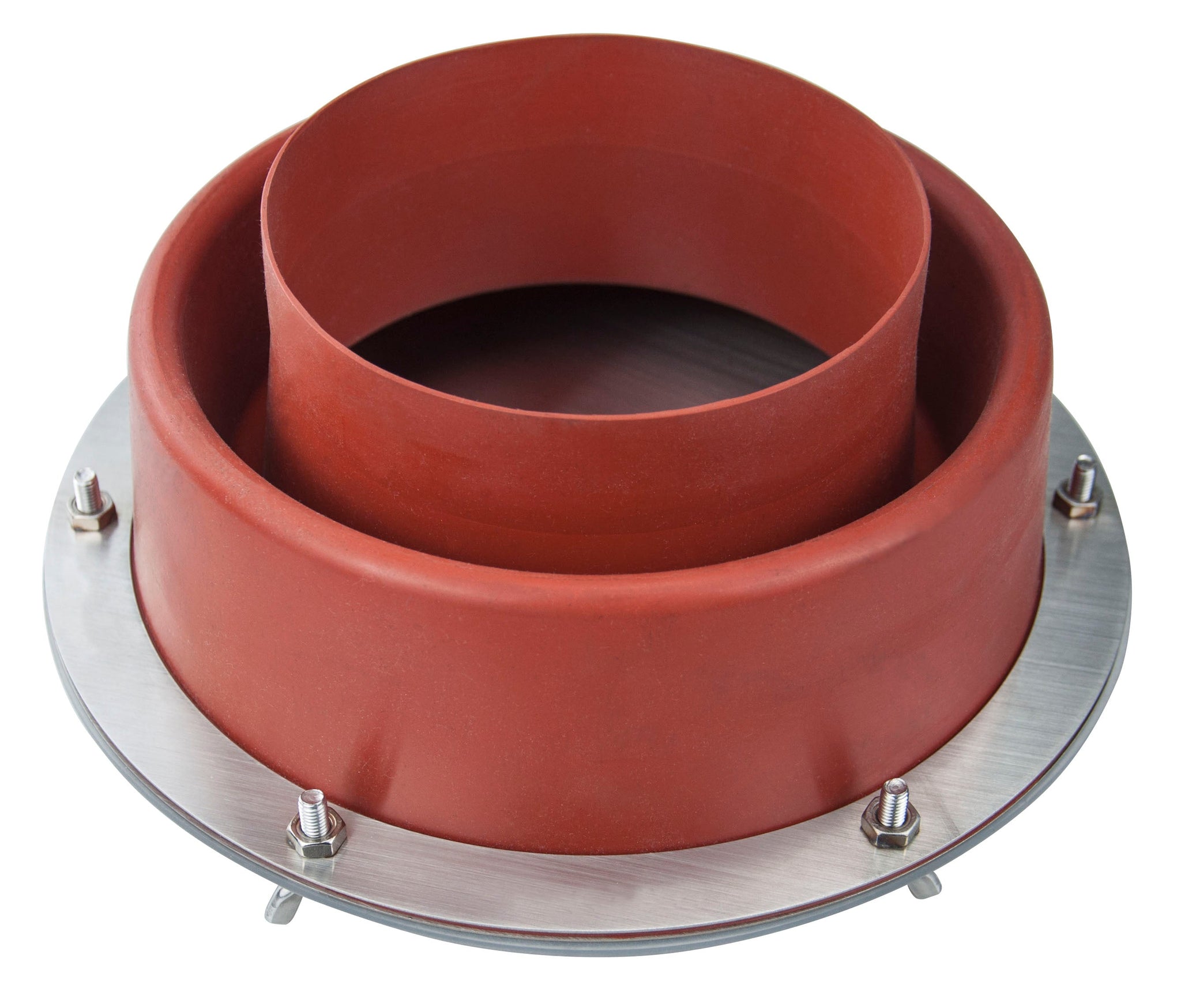 Top - down view of Winnerwell® Flashing Kit Large, emphasizing its red color, large circular shape, and metal clamps that ensure a proper seal, compatible with SKU 910446 / SKU 910507 in outdoor stove pipe setups.