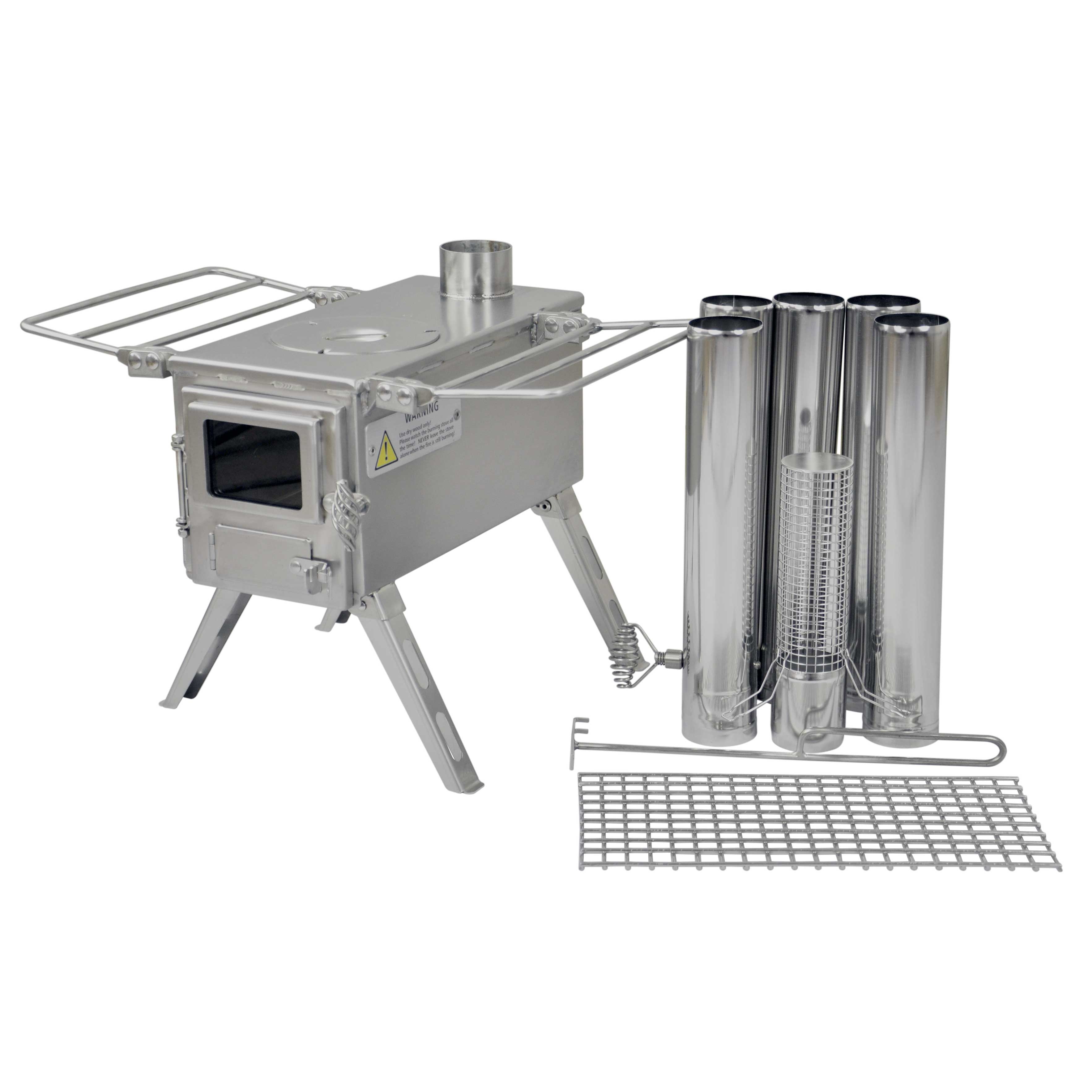 Detail of Winnerwell® Nomad 1G Stove’s chimney and air vents- stainless steel construction ensures durability and efficient airflow for wood combustion.