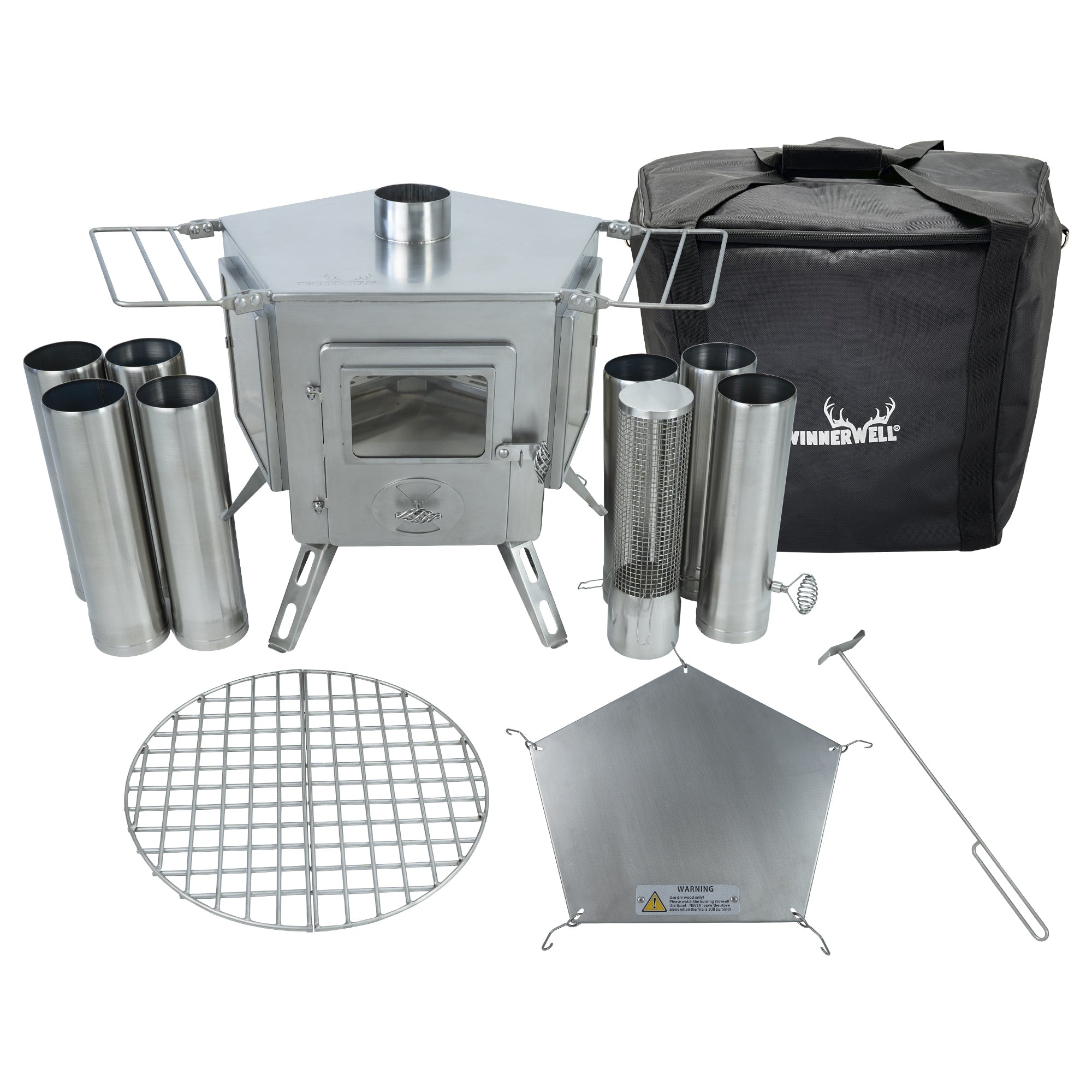 Winnerwell® Pentagon Stove full kit, including the pentagon - shaped stove body, chimney pipes, grate, shield, and storage bag, ashscraper. Ideal for portable outdoor heating and cooking, featuring a foldable design and durable stainless - steel construction. Perfect for camping, backpacking, and off - grid adventures, providing a complete solution for outdoor fire needs.