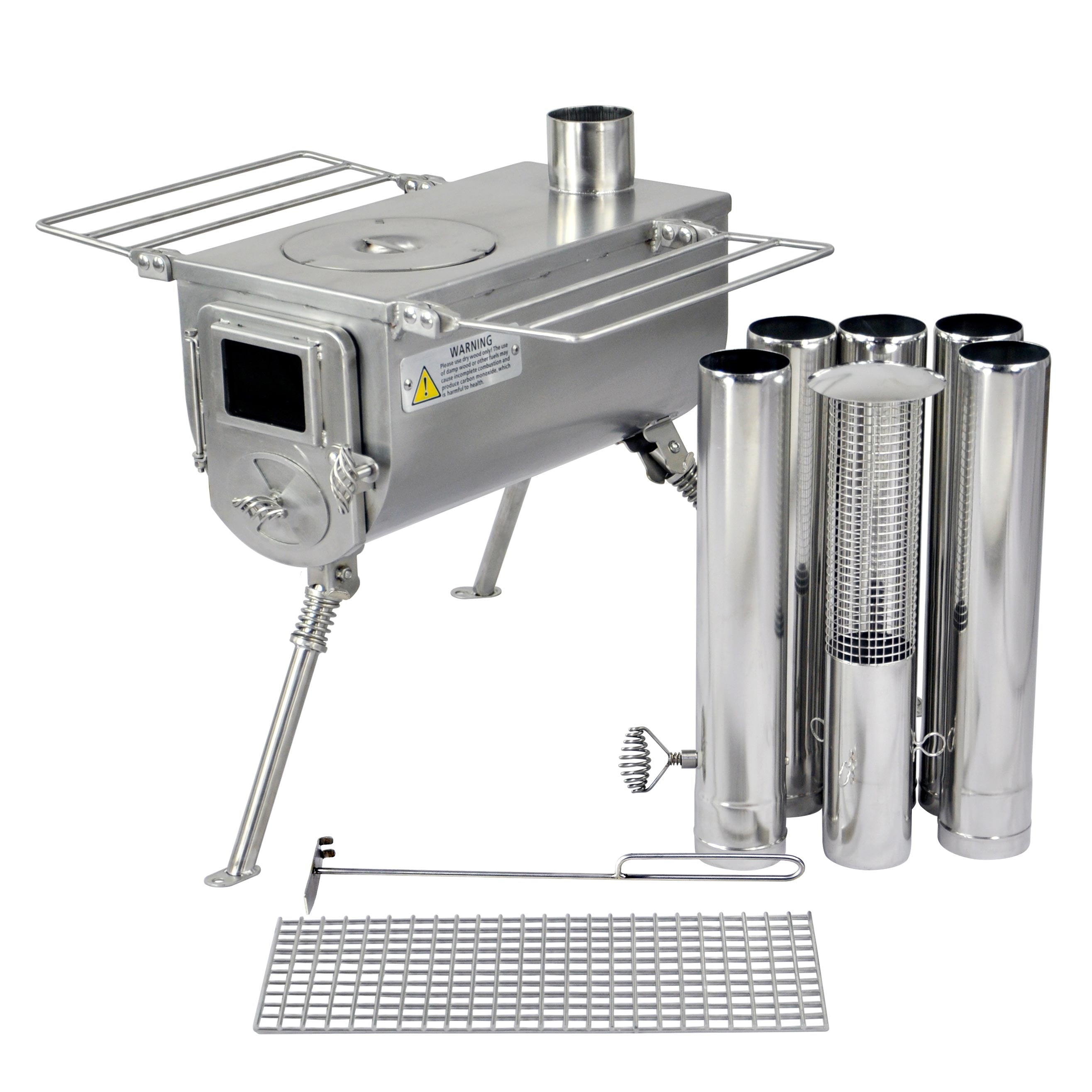 Winnerwell® Woodlander 1G Cook Camping Stove full kit—stainless steel body, detachable chimney, and grate—ideal for portable outdoor cooking and tent heating.