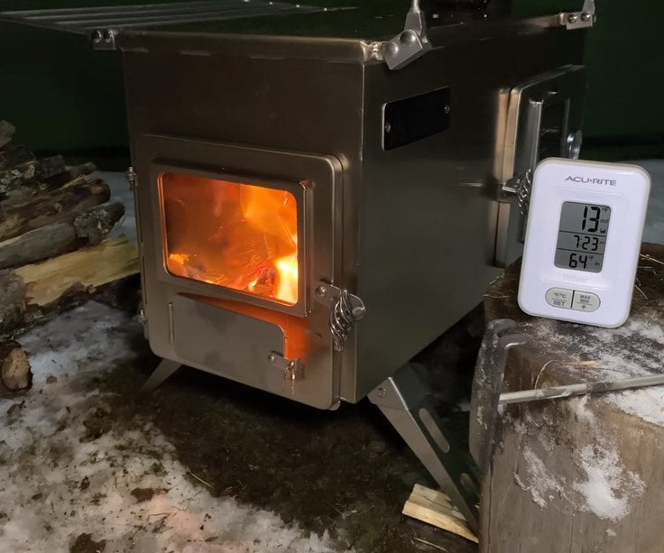 Winnerwell Ovenstove Camping Stove in a canvas tent setup for outdoor heating and cooking